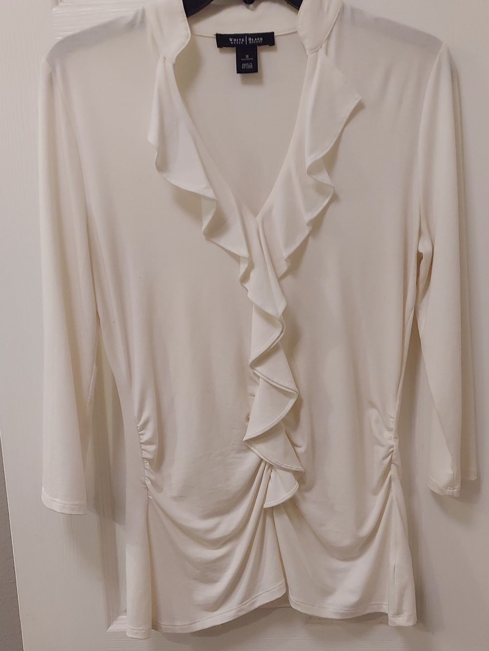 White House Black Market Ivory Ruffle-Front Long Sleeve Blouse